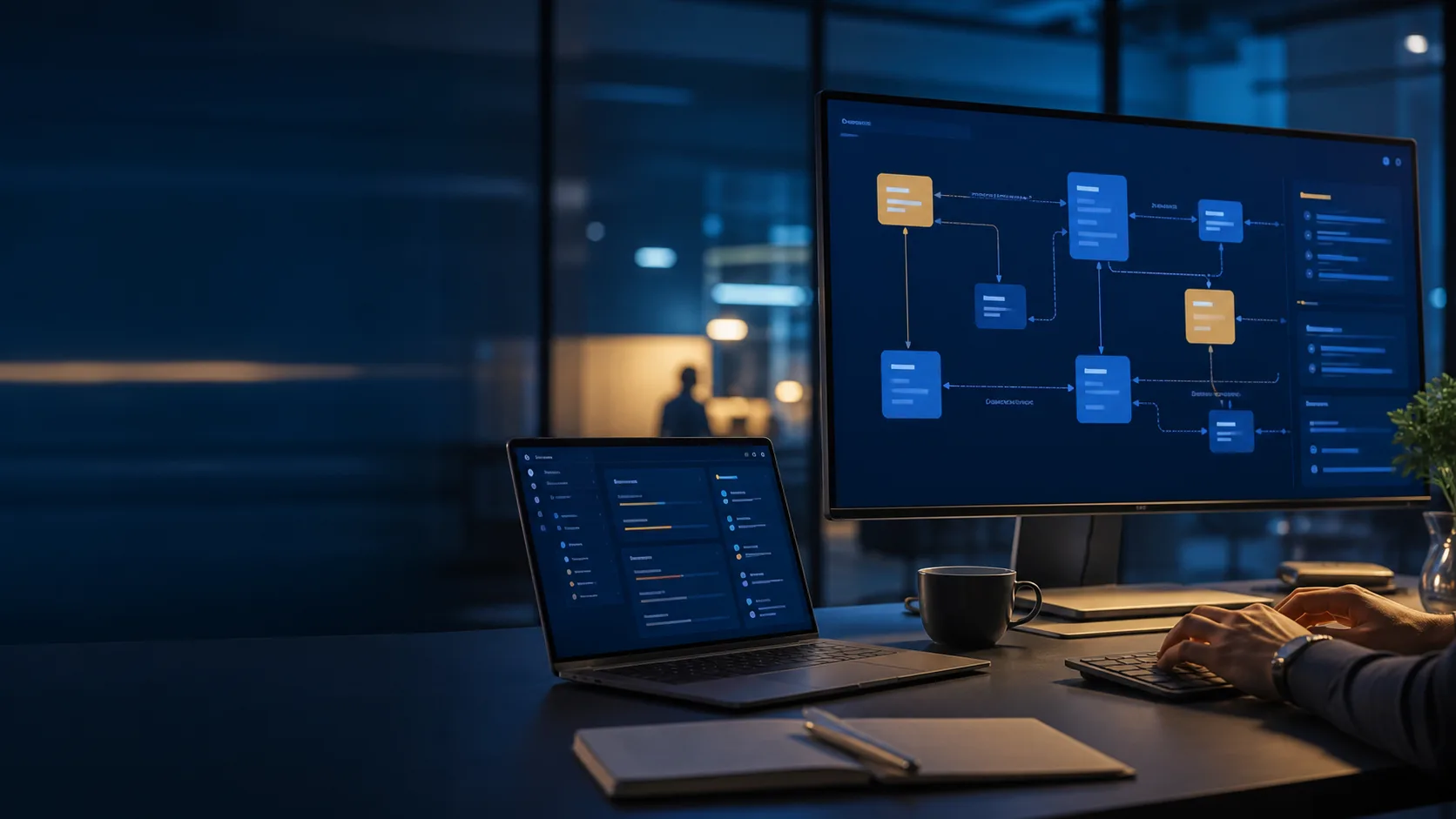 Human-supervised AI workflow displayed across modern business screens