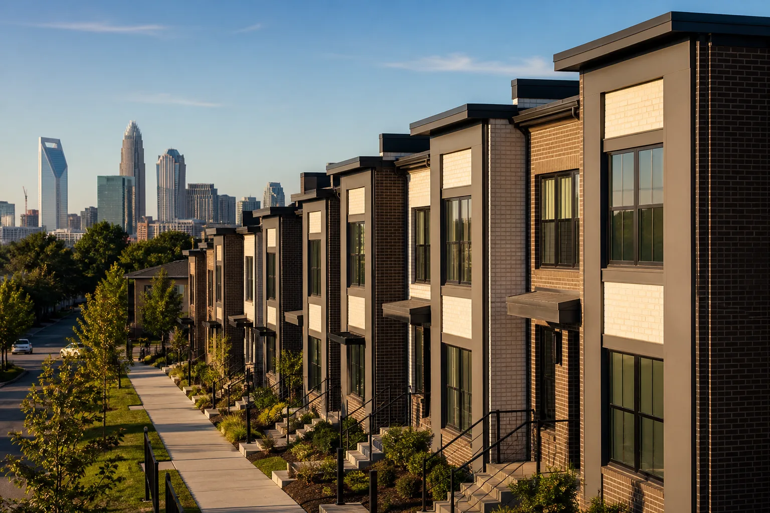 Charlotte townhomes with the skyline beyond